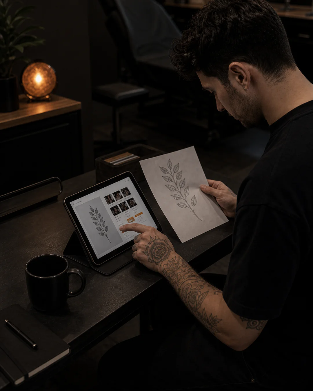 Tatuador preparando la cita con la referencia y la ficha de trabajo